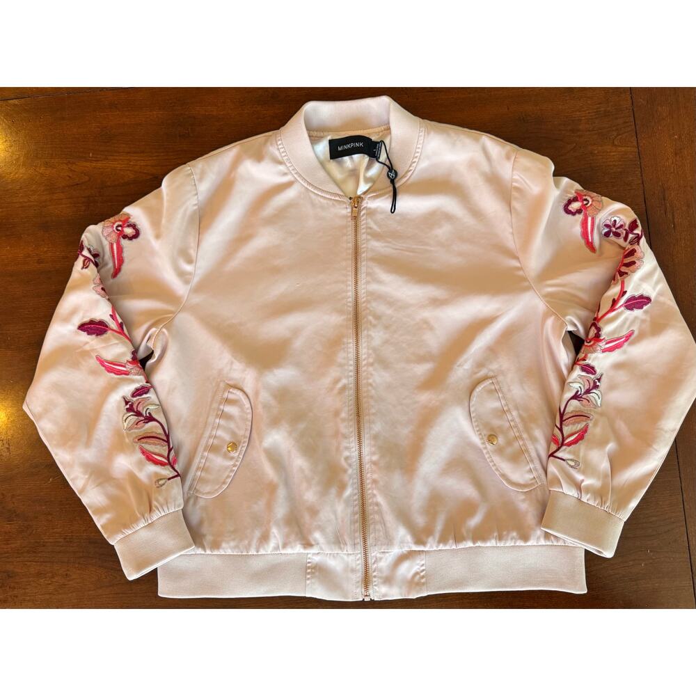 MINKPINK Jacket Sz L Flirty Light Pink Satin Zip Bomber Pink Floral Embroidery